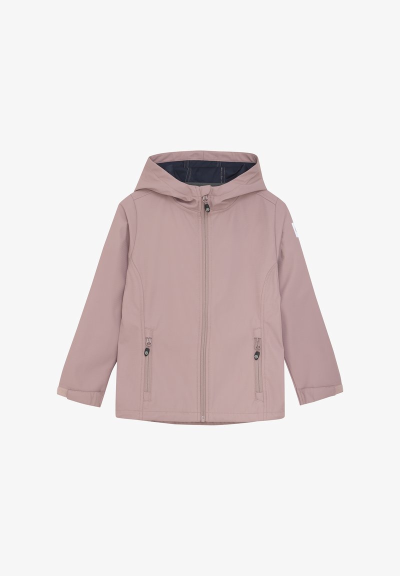 Light pink hooded jacket, zip-front closure, two side pockets, soft fabric, clean design, elastic cuffs, and a contrasting inner lining.