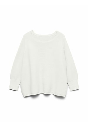 Sudadera blanca acanalada con un escote amplio, mangas raglán largas y un ajuste relajado. Presenta una tela texturizada y un dobladillo inferior recto.