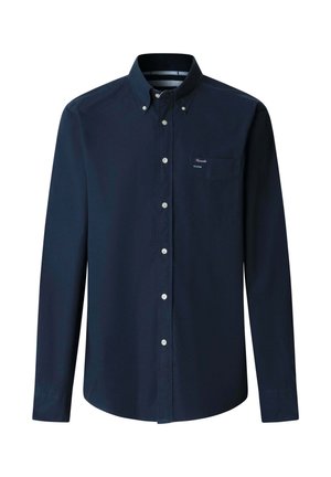 Navy blue long-sleeve button-up shirt with buttoned collar and chest pocket featuring small embroidered logo.