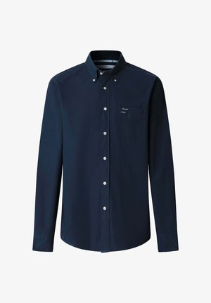 Donkerblauw overhemd met lange mouwen, knopen aan de voorkant, een geknoopte kraag en een borstzak met een klein geborduurd logo.