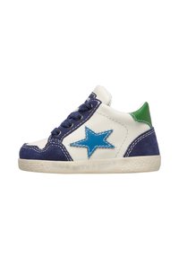 Sneakers con una toma in pelle bianca, accenti in suede blu navy, dettaglio a stella blu, linguetta verde sul tallone e suola in gomma testurizzata. Design con lacci.