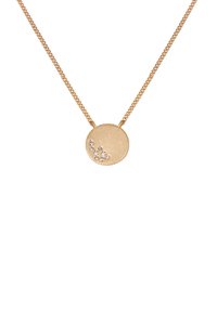 Gold necklace featuring a round pendant with a textured surface and small clear crystals arranged in a cluster on one side.