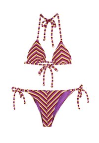 Set di bikini con coppa triangolare e chiusure a lacci, caratterizzato da strisce alternate in viola, giallo e mogano. Tessuto morbido con una texture liscia.