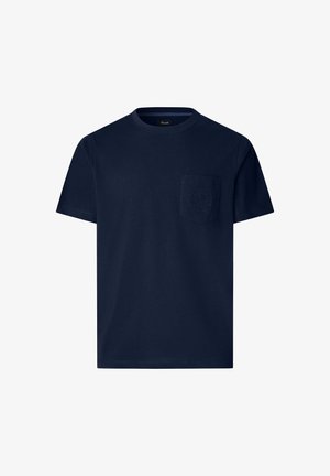 Granatowa bawełniana koszulka z krótkim rękawem i okrągłym dekoltem. Posiada przednią kieszeń z wypukłym wzorem logo. Gładka faktura.