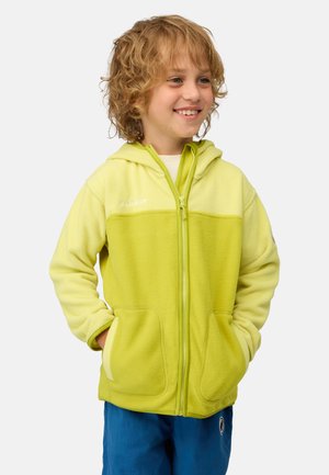 Bambino sorridente con capelli ricci biondi che indossa una felpa con cappuccio verde chiaro con cerniera e pantaloni blu, con le mani in tasca, rivolto verso sinistra.