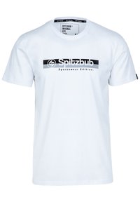 Weißes Baumwoll-T-Shirt mit einem schwarzen und grauen Grafikdruck, auf dem "Spitzbub Sportswear Edition" prominent über der Brust steht.