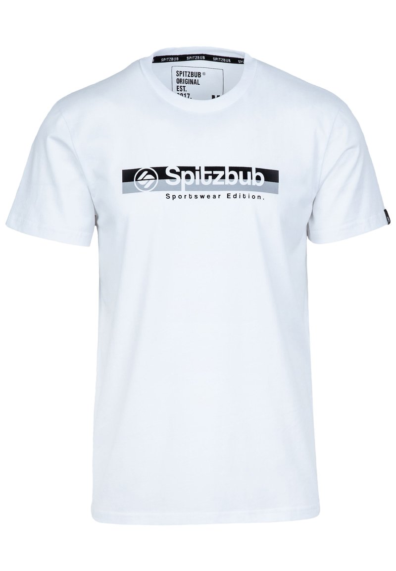 Weißes Baumwoll-T-Shirt mit einem schwarzen und grauen Grafikdruck, auf dem "Spitzbub Sportswear Edition" prominent über der Brust steht.