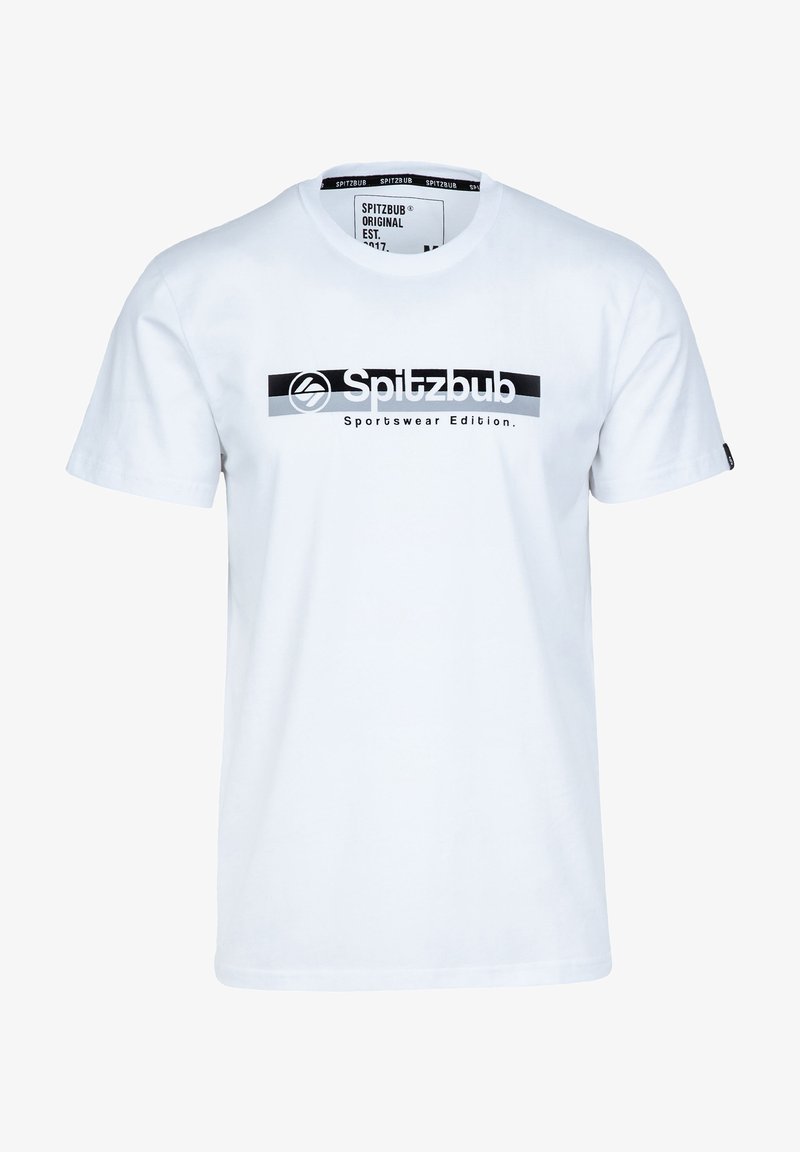 Witte katoenen T-shirt met een zwart en grijs grafisch ontwerp met "Spitzbub Sportswear Edition" prominent over de borst.