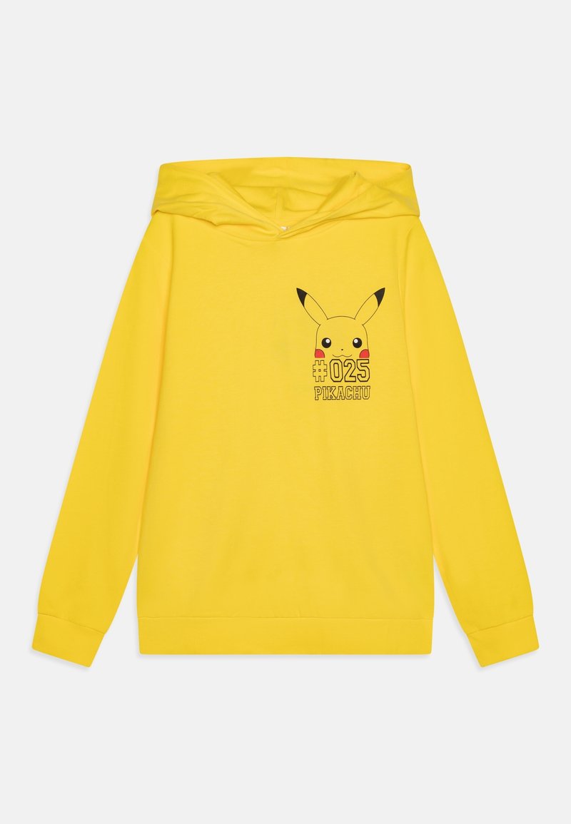 Sweat à capuche jaune avec un petit visage de Pikachu, "#025" et le texte "PIKACHU" imprimés sur la partie supérieure de la poitrine.
