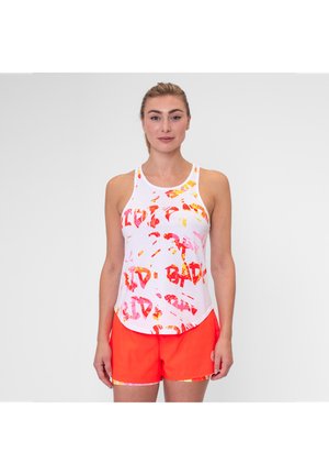White tank top with multicolored abstract print; orange shorts with a contrasting waistband. Both garments feature a casual design.