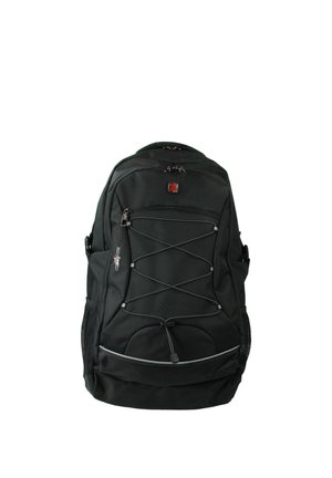 Zwarte rugzak met met rits afsluitbare hoofd- en voorvakken, elastisch koord in een kruispatroon aan de voorkant, zijvakken van mesh en een klein rood logo vlak bij de bovenkant.