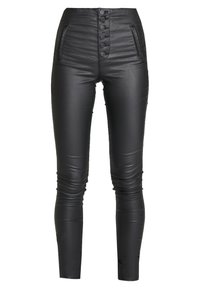 Pantalon taille haute en similicuir noir à texture lisse, fermeture avant à cinq boutons et poches latérales. Coupe ajustée sur toute la longueur.