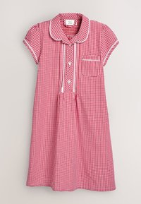 Robe d'école à manches courtes à carreaux rouges et blancs, avec col claudine, boutons sur le devant, poche poitrine et accents en dentelle blanche.