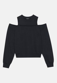 Haut noir à manches longues avec épaules dénudées, col rond haut et poignets côtelés, posé à plat sur un fond blanc.