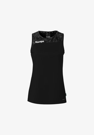 Zwart mouwloos sporttopje voor dames met geometrisch patroon op de bovenborst en het "Kempa"-logo aan de linkerkant voorop.