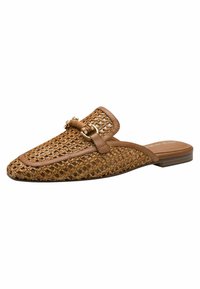 Tan woven loafers with a pointed toe and a flat sole. Features a decorative strap with a gold-tone hardware accent. Made from natural materials.