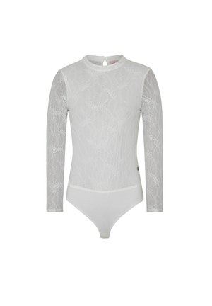 Body a maniche lunghe bianco con sovrapposizione di pizzo, motivo floreale e scollatura rotonda. Presenta una chiusura a scatto sul fondo e una schiena con apertura a chiave.