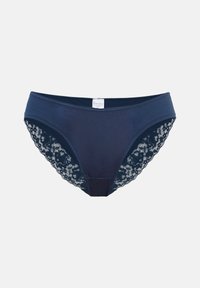 Εσώρουχα σε ναυτικό μπλε χρώμα με λεία μπροστινή όψη και δαντελένιες λεπτομέρειες στα πλαϊνά. Διαθέτει χαμηλόμεση γραμμή και μαλακό, διαπνέον ύφασμα.