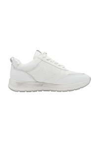 Valged sportlikud sneakerid, millel on tekstuuriga detailid, siledast nahast pealis ja hõbedane aktsent tallal. Omab paelu ja tõmblinti taga.