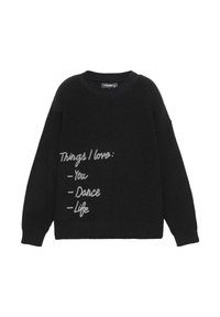 Pull en maille noir avec un col rond et une coupe décontractée, orné d'un texte blanc brodé : "Choses que j'aime : - Toi - Danse - Vie."