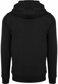 Black hoodie with a drawstring hood, ribbed cuffs, and hem. Made from a soft fabric, featuring a plain design with no visible logos or patterns.