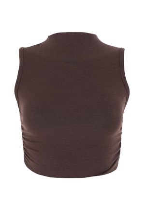 Brauner ärmelloser Cropped-Top aus weichem Stoff mit Rundhalsausschnitt und seitlichen Raffungselementen. Keine sichtbaren Logos oder Verzierungen.