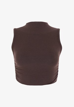 Brown sleeveless cropped top made of soft fabric with a round neckline and side gathering details. No visible logos or embellishments.