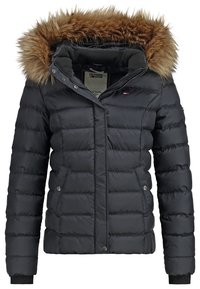 Černá péřová bunda s kapucí z umělé kožešiny, prošívaný design, dvě přední kapsy a žebrované manžety. Vyrobena z hladkého, odolného materiálu.