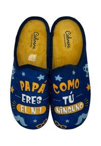 Pantuflas de color azul marino con texto amarillo y blanco, que presentan frases e iconos como estrellas y gafas. Material suave y diseño fácil de poner.
