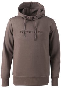 Felpa con cappuccio marrone realizzata in tessuto morbido. Presenta un logo ricamato "ENDURANCE" sul davanti e lacci regolabili sul cappuccio.