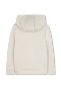 Felpa con cappuccio in beige chiaro. Presenta una texture liscia, maniche lunghe e polsini e orlo a coste. Visuale posteriore esclusivamente, senza dettagli visibili.