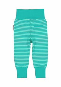 Turkosa randiga babybyxor med midja av solid färg, mjukt bomullsmaterial, elastiska muddar och en liten bakficka.