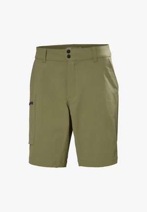 Beżowe szorty cargo z płaskim przodem, dwoma bocznymi kieszeniami i zapięciem na guziki. Wykonane z lekkiego materiału o gładkiej fakturze.