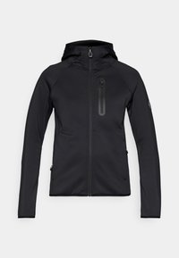 Musta huppari takki, joka on muotoiltu istuvaksi, valmistettu pehmeästä ja joustavasta kankaasta. Varustettu vetoketjullisilla taskuilla ja sileällä pinnalla.