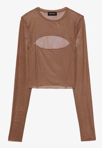 Brun, långärmad mesh-crop topp med rund halsringning och utskärning under bröstet. Har en strukturerad tygkvalitet och sydda s ömmar.