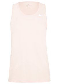 Top deportivo sin mangas Nike de color rosa claro con el logo de swoosh blanco en la parte superior derecha del pecho y etiqueta Dri-FIT en el interior del cuello.