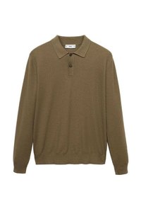 Vihreä oliivinvärinen pitkähihainen polo-paita, neulottu pinta, kauluspaita, kolmella napilla varustettu kaulus, ribbikuvioidut hihansuut ja elastinen helma.