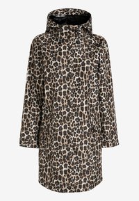 Regnfrakke med leopardprint og hætte, lavet af vandafvisende materiale. Har trykknapper, sidelommer og en løs pasform.