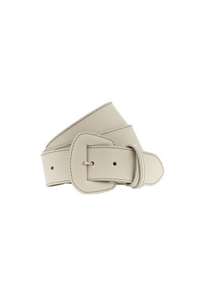 Wide beige leather belt with matching curved buckle and visible stitching, rolled up on a white background.