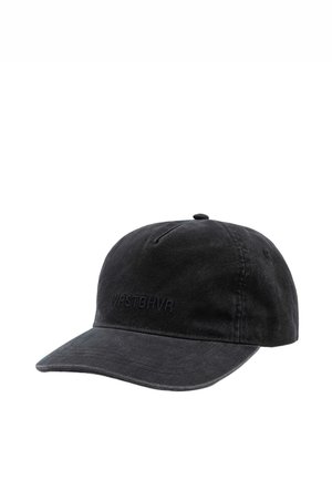Cappellino da baseball in cotone nero con visiera curva e il sottile ricamo "WESTBHVR" al centro frontale.