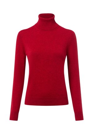 Czerwony sweter z golfem wykonany z miękkiego materiału, z długimi rękawami i dopasowanym krojem, z detalami w ściągaczach przy szyi i u dołu.