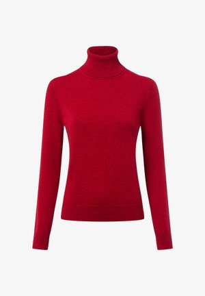 Roter Rollkragenpullover aus weichem Stoff, mit langen Ärmeln und einer taillierten Silhouette sowie gerippten Details am Kragen und Saum.