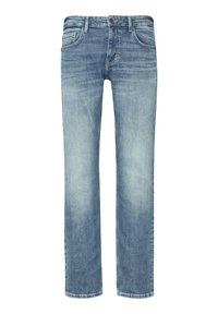 Jean droit bleu clair en denim, avec un léger délavé, cinq poches, passants de ceinture et une fermeture à glissière avec bouton.