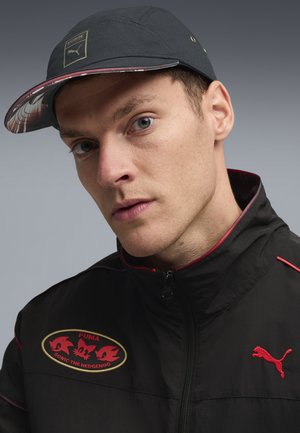Chaqueta negra con cremallera y acentos rojos, con el logo de Sonic el Erizo. Gorra gris con visera estampada, que muestra un diseño deportivo.