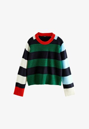 Pruhovaný vlněný svetr se širokými horizontálními černými, zelenými, bílými a světle modrými pruhy, červeným žebrovaným límcem a manžetami v různých barvách.