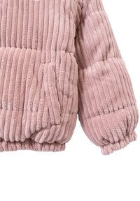 Giacca in pile rosa tenue con texture a costine verticali, polsini elasticizzati e dettaglio tasche laterali. Orlo arrotondato per una vestibilità casual.
