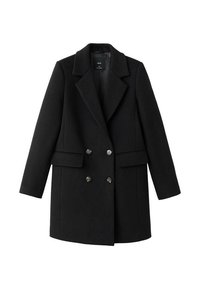 Czarny płaszcz z mieszanki wełny z dwurzędowym zapięciem, wyciętym kołnierzem, dwoma bocznymi kieszeniami i metalowymi guzikami. Zachowuje wyraźnie zarysowaną sylwetkę.