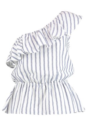En axel-top med volangkant, med vertikala blå och vita ränder. Samlad elastisk midja och lätt tygstruktur.