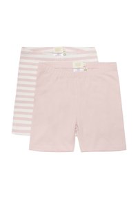 Twee paar shorts, één effen lichtroze en één lichtroze gestreept. Gemaakt van zachte stof met een elastische tailleband.
