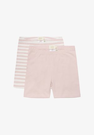 Dwie pary szortów, jedne jednolite jasnoróżowe, a drugie w jasnoróżowe paski. Wykonane z miękkiego materiału z elastycznym pasem.